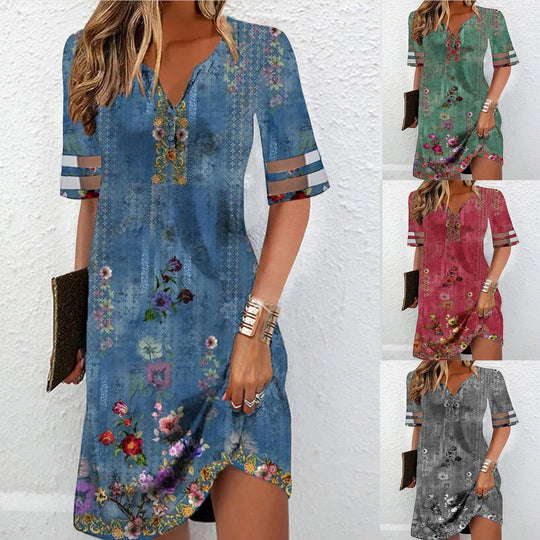 Damen kurzes Kleid mit floralem Muster und V-Ausschnitt Shopnory