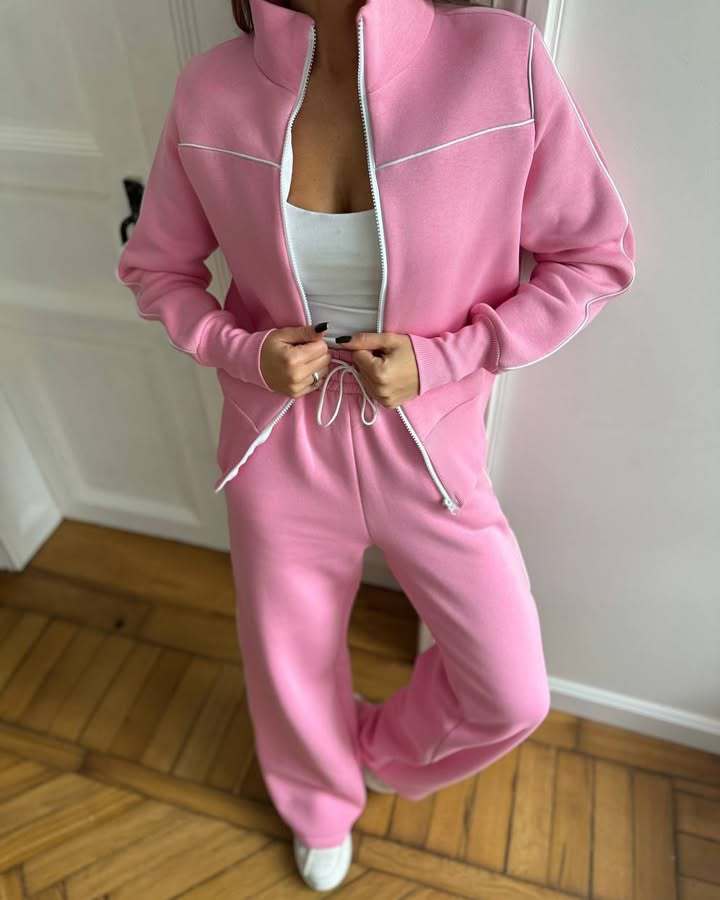 Damen Zweiteiliges Jogginganzug-Set mit Stehkragen, Kontrastpaspel und weitem Bein Shop Nory