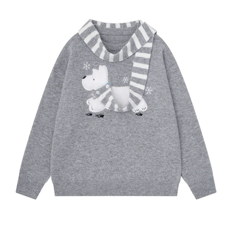 Damen Kuscheliger Strickpullover mit Eisbär-Applikation und eingearbeitetem Streifenschal Shop Nory