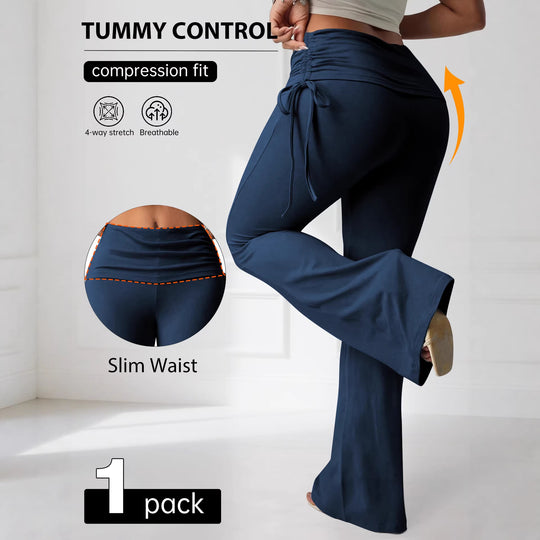 Damen High-Waist Flared-Yogahose mit seitlicher Raffnaht und Kordelzug Shopy Nory