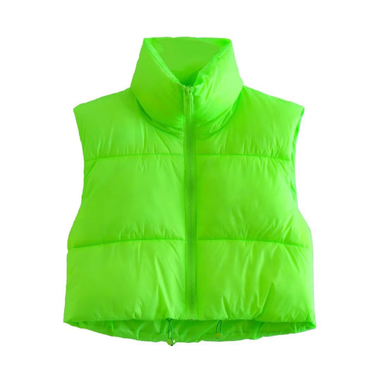 Damen cropped Daunenweste mit hohem Kragen und praktischen Taschen