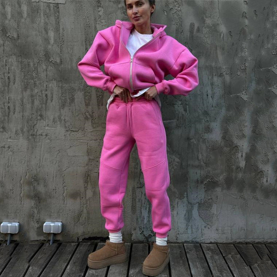 Damen kurzes Zip-Hoodie und hochtaillierte Komfort-Jogginghose-Set aus weichem Fleece Shop Nory