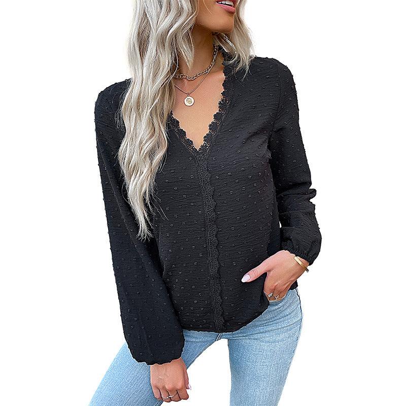 Damen Strukturbluse mit V-Ausschnitt, Spitzenborte und Pünktchenstruktur Shop Nory
