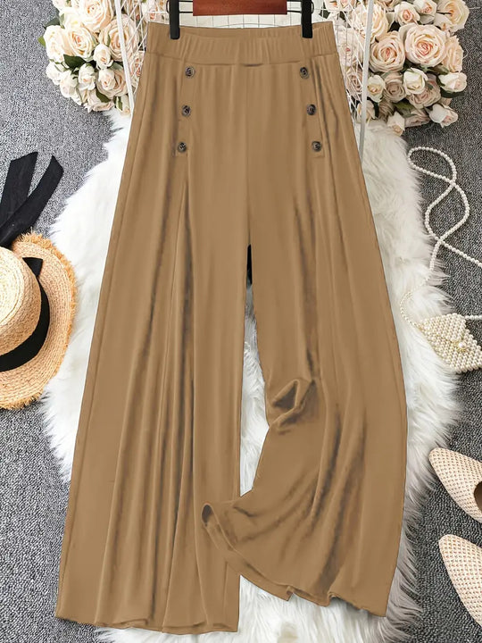 Frauen Weite Bein Hohe Taille Knopf-Akzent Palazzo Hose Shop Nory