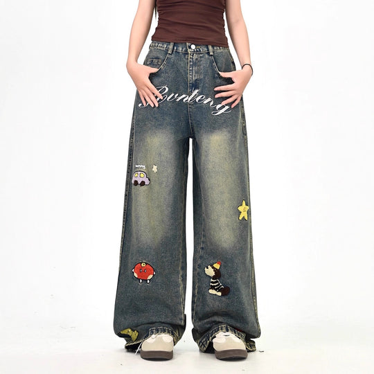 Damen Weitgeschnittene Kostümjeans mit buntem Stickdesign Shop Nory