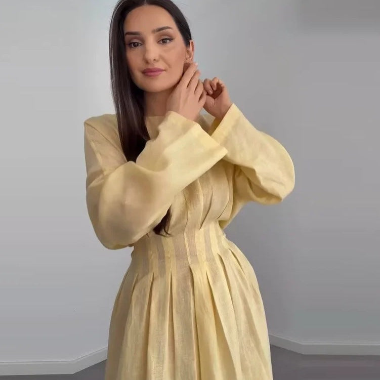 Damen Maxikleid mit plissierten Oberteilfalten, weitem Rock und langen Glockenärmeln Shop Nory