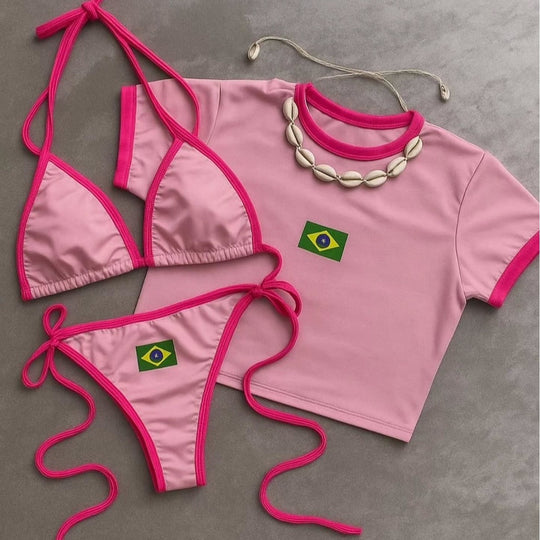 Damen Bikini-Set mit sportlichem Crop-Top und trendigem Brasilien-Flaggen-Design Shopnory