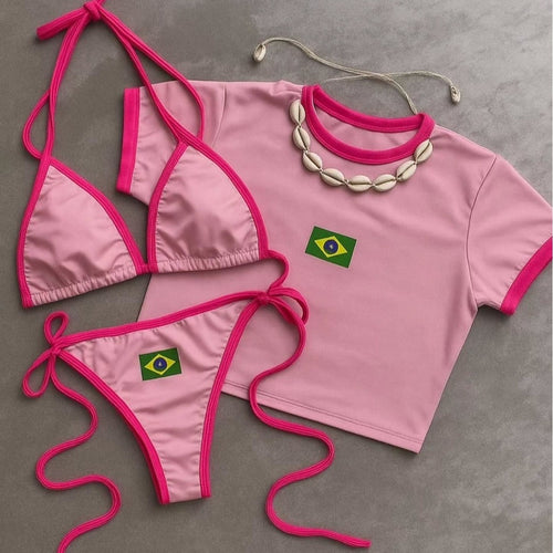 Damen Bikini-Set mit sportlichem Crop-Top und trendigem Brasilien-Flaggen-Design Shopnory