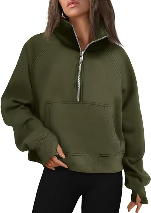 Damen nan oversized Halbzip Pullover mit Kängurutasche, Daumenlöchern und hohem Kragen Shop Nory