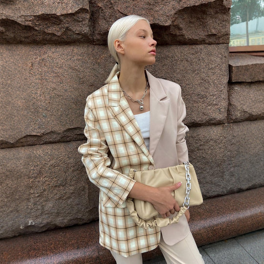 Damen Zweifarbiger Oversize-Blazer mit Karomuster und Reverskragen Shop Nory