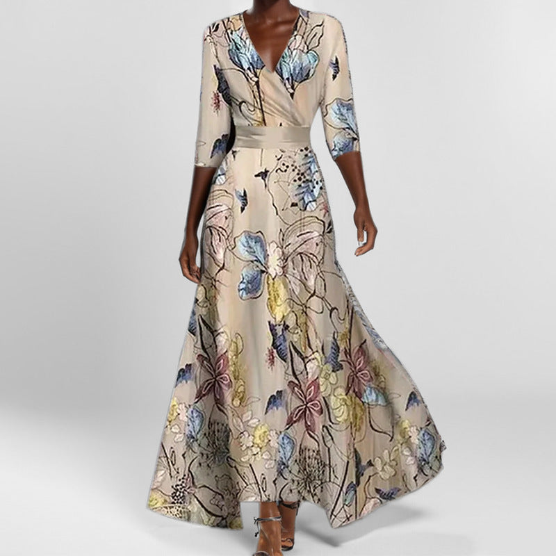 Damen Maxikleid mit Wickeloberteil, Taillengürtel und fließendem Satinrock Shop Nory