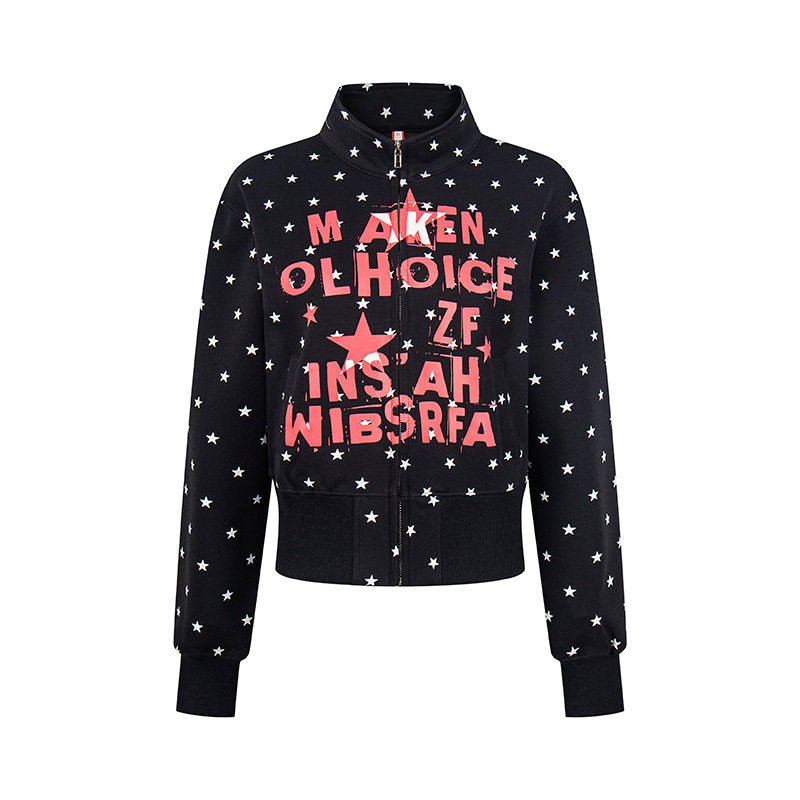 Damen Kurze Reißverschluss-Sweatjacke mit Stehkragen, Allover-Sternprint und Statement-Frontprint Shop Nory