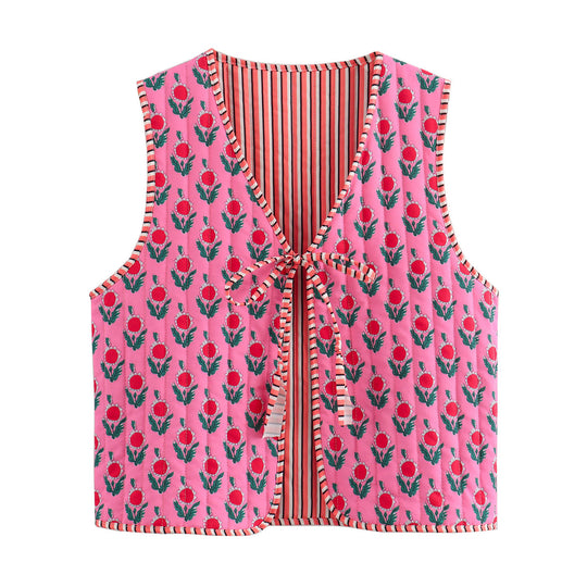 Damen Patchwork-Weste mit Bindeband und V-Ausschnitt Shop Nory