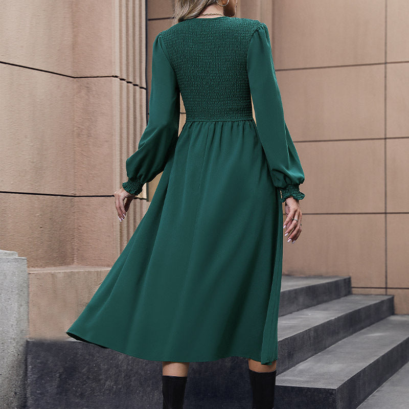Damen Midikleid mit Smokoberteil, langen Ballonärmeln und ausgestelltem Rock Shop Nory