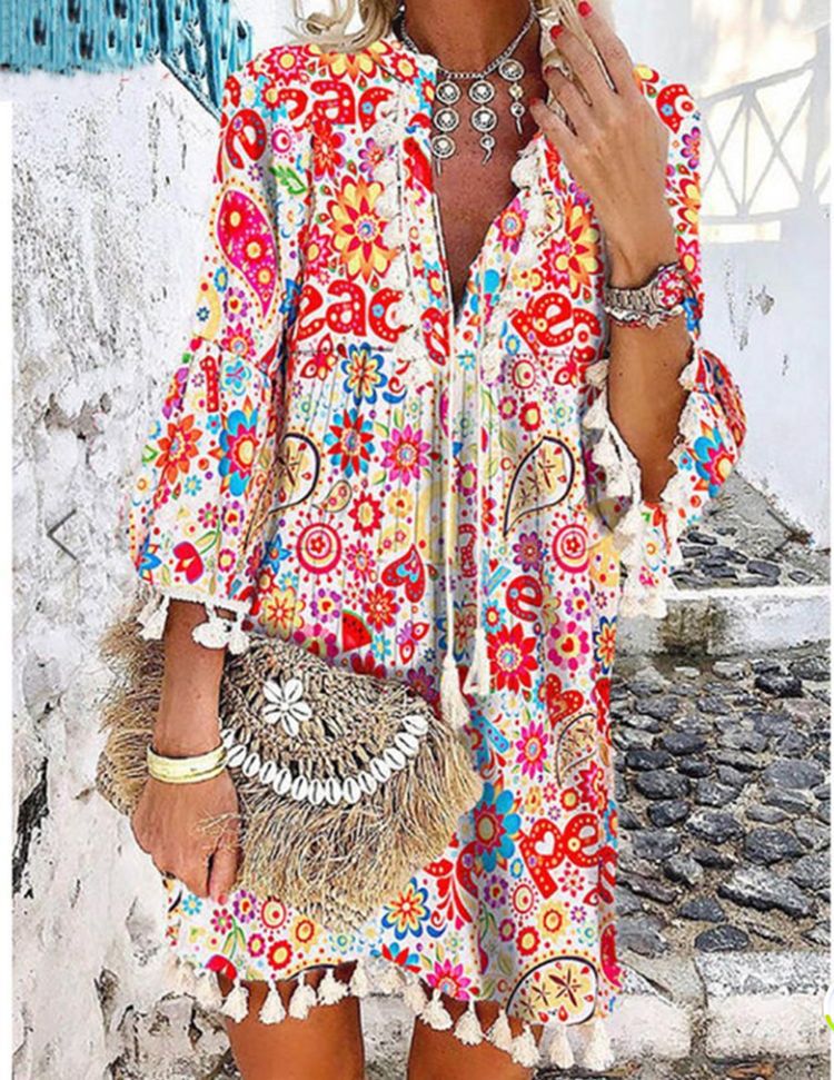 Damen Tunika-Kleid mit verspieltem Paisleymuster und elastischen Ärmeln Shopnory