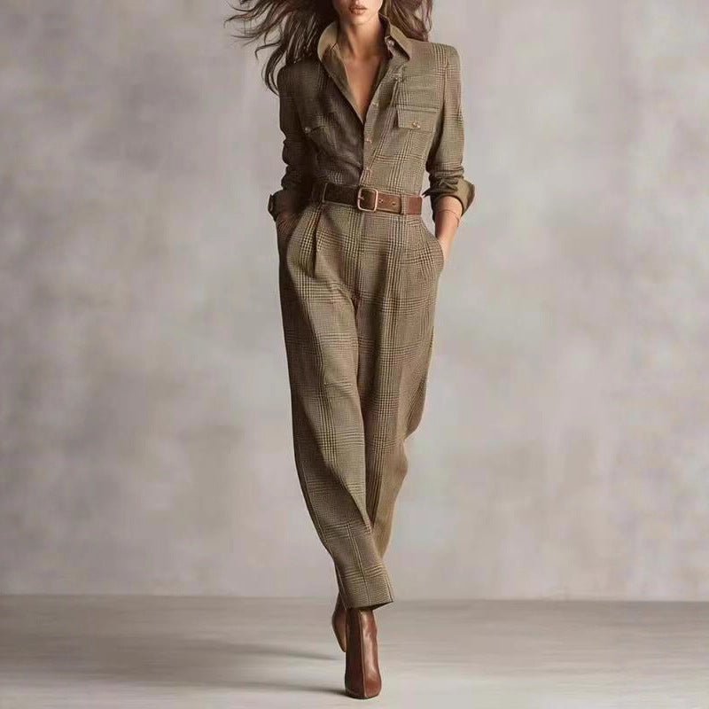 Damen kariertes tailliertes Overall mit Hemdkragen, Taillengürtel und Seitentaschen Shop Nory