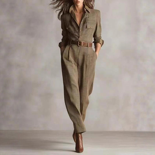 Damen kariertes tailliertes Overall mit Hemdkragen, Taillengürtel und Seitentaschen Shop Nory