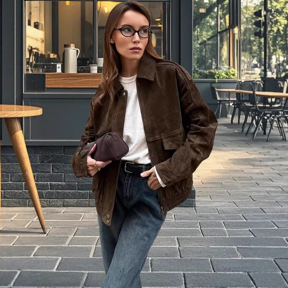 Damen modische Wildlederjacke mit Oversized-Schnitt