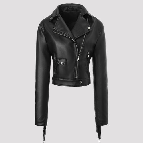 Damen Kurz geschnittene taillierte Bikerjacke aus Kunstleder mit Fransen an den Ärmeln und asymmetrischem Reißverschluss Shop Nory