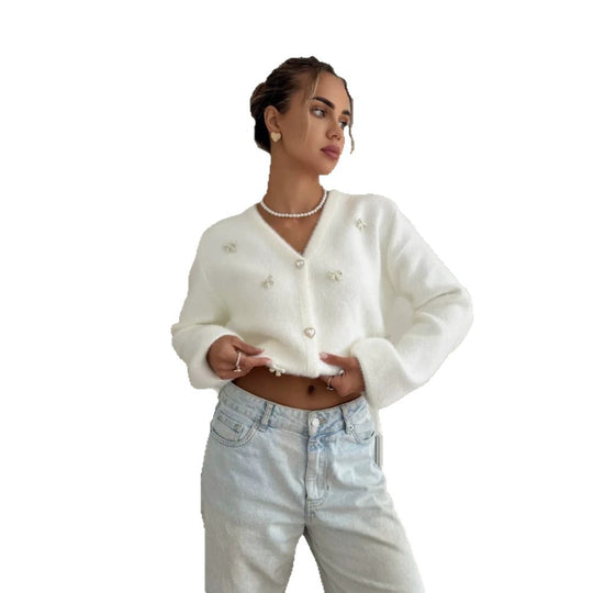 Damen Flauschige Strickjacke mit Herzknöpfen Shop Nory