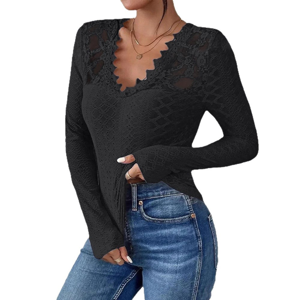 Damen nan figurbetontes Spitzen-Langarmshirt mit gezacktem V-Ausschnitt