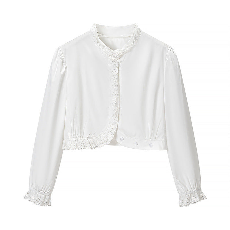 Damen Gekürzte Spitzenbolero‑Bluse mit Stehkragen und Lochstickerei Shop Nory