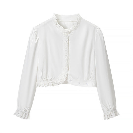 Damen Gekürzte Spitzenbolero‑Bluse mit Stehkragen und Lochstickerei Shop Nory