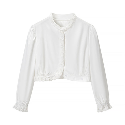 Damen Gekürzte Spitzenbolero‑Bluse mit Stehkragen und Lochstickerei Shop Nory