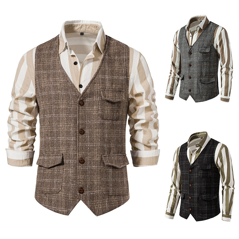 Herren kariertes Wollmix Gilet mit Brusttasche und aufgesetzten Seitentaschen Shop Nory
