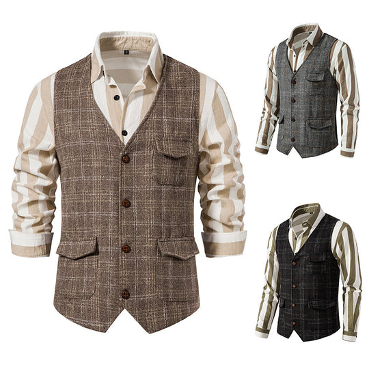 Herren kariertes Wollmix Gilet mit Brusttasche und aufgesetzten Seitentaschen Shop Nory