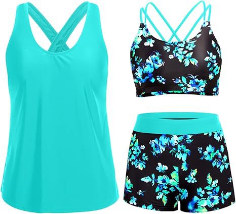 Damen Sportliches Tankini-Set mit floralem Oberteil und Shorts