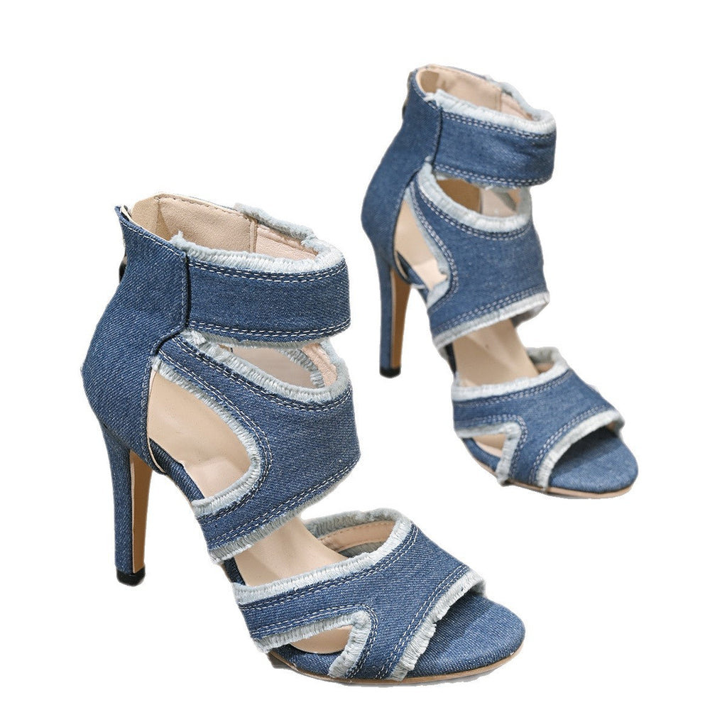 Damen High-Heels Sandalen mit kunstvollem Denim-Design Shopnory