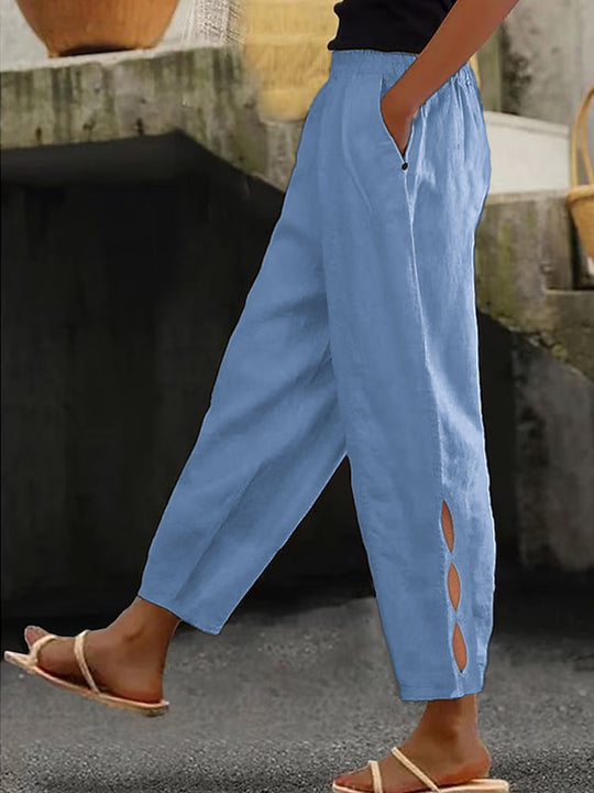 Damen Leichte Leinenhose mit seitlichen Schlitzen und elastischem Bund