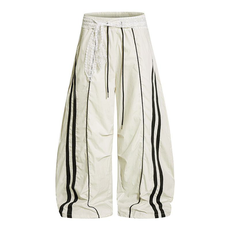 Damen Weite Palazzo-Loungehose mit elastischem Komfortbund, Kontraststreifen und Spitzenschnur Shop Nory