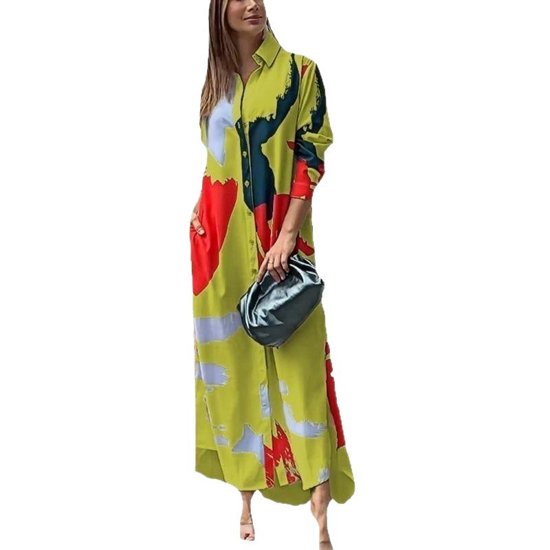 Damen Langes Hemdblusenkleid mit abstraktem Pinselprint und seitlichen Eingrifftaschen Shop Nory