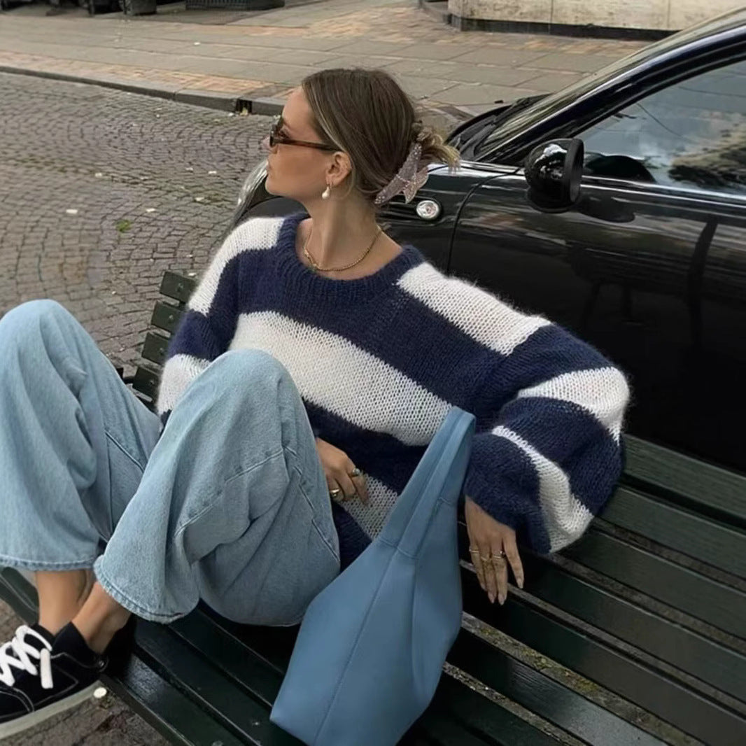 Damen Oversize-Strickpullover mit breiten Blockstreifen und Rundhalsausschnitt Shop Nory