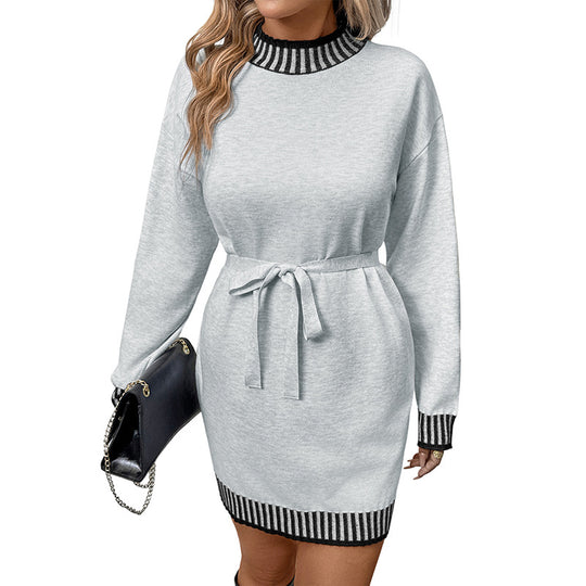 Damen Gerippter Strick-Minikleid mit Taillengürtel und Kontraststreifen Shop Nory