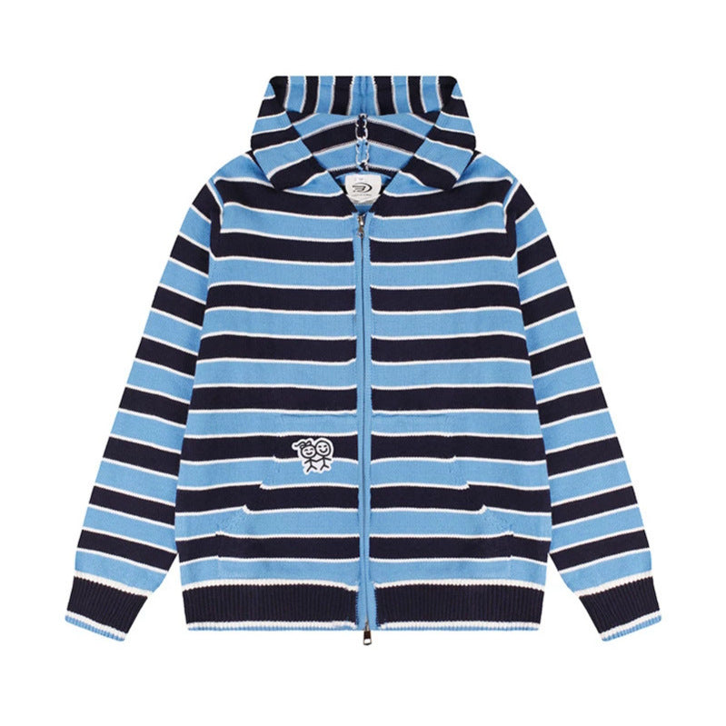 Damen Kapuzen‑Strickjacke mit durchgehendem Reißverschluss, gestreifter Struktur und Stickdetail Shop Nory