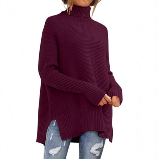 Damen Oversize-Rippenstrick Rollkragenpullover mit Seitenschlitzen und verlängertem Saum Shop Nory