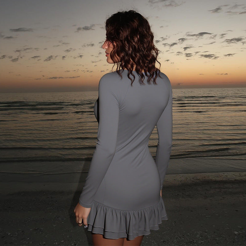 Damen figurbetontes Langarm-Minikleid mit tiefem V-Ausschnitt, Paillettenapplikation und Volant-Saum Shop Nory