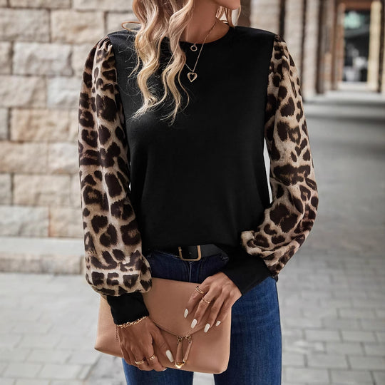 Damen Sweatshirt mit Chiffon-Ballonärmeln und Leo-Print Shop Nory