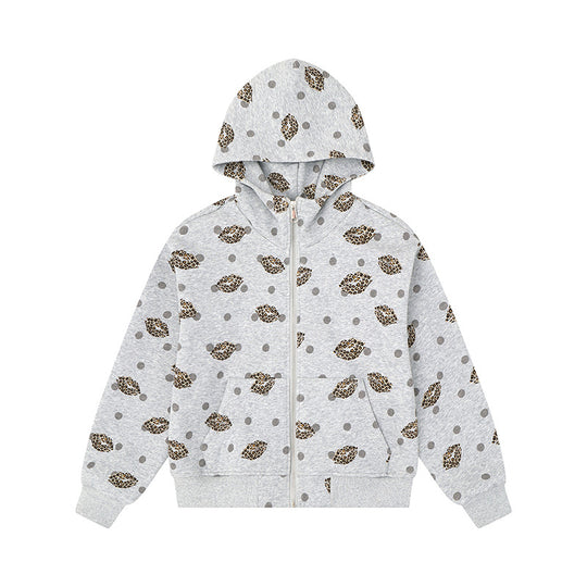 Damen Reißverschluss-Hoodie im Casual-Look mit Lippen‑Motiv und Punktmuster Shop Nory