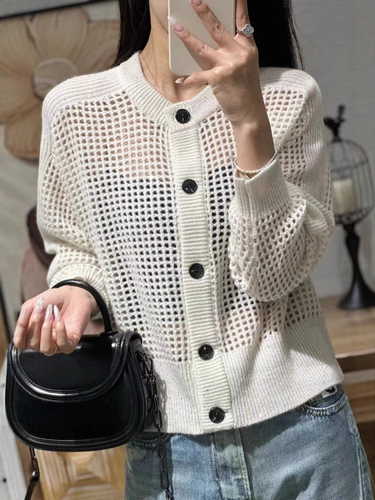 Damen Lockerer Mesh‑Cardigan mit Gitter‑Ajour, Rundhalsausschnitt und Knopfleiste Shop Nory