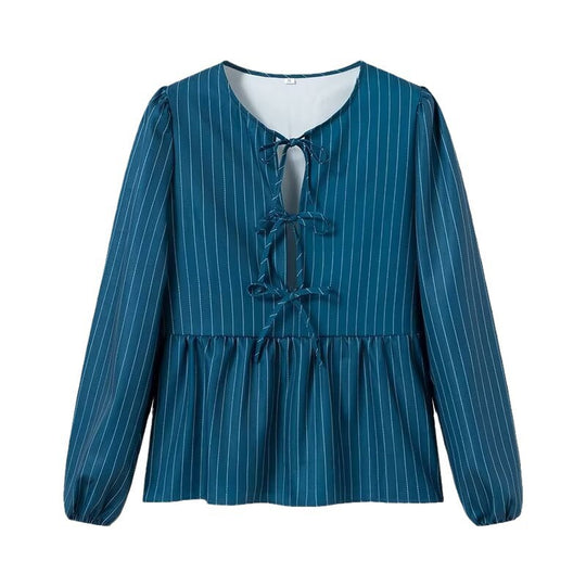 Damen Gestreifte Peplum‑Bluse mit vorderer Schnürung und langen Ballonärmeln Shop Nory