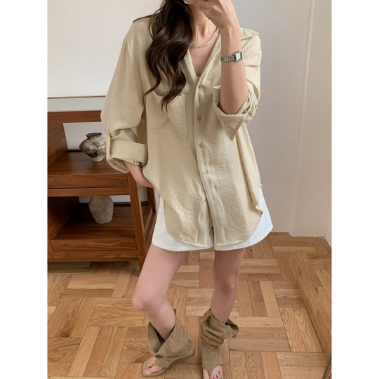 Damen Lässiges Leinenoptik-Longshirt mit Oversize-Schnitt und Brusttasche Shop Nory