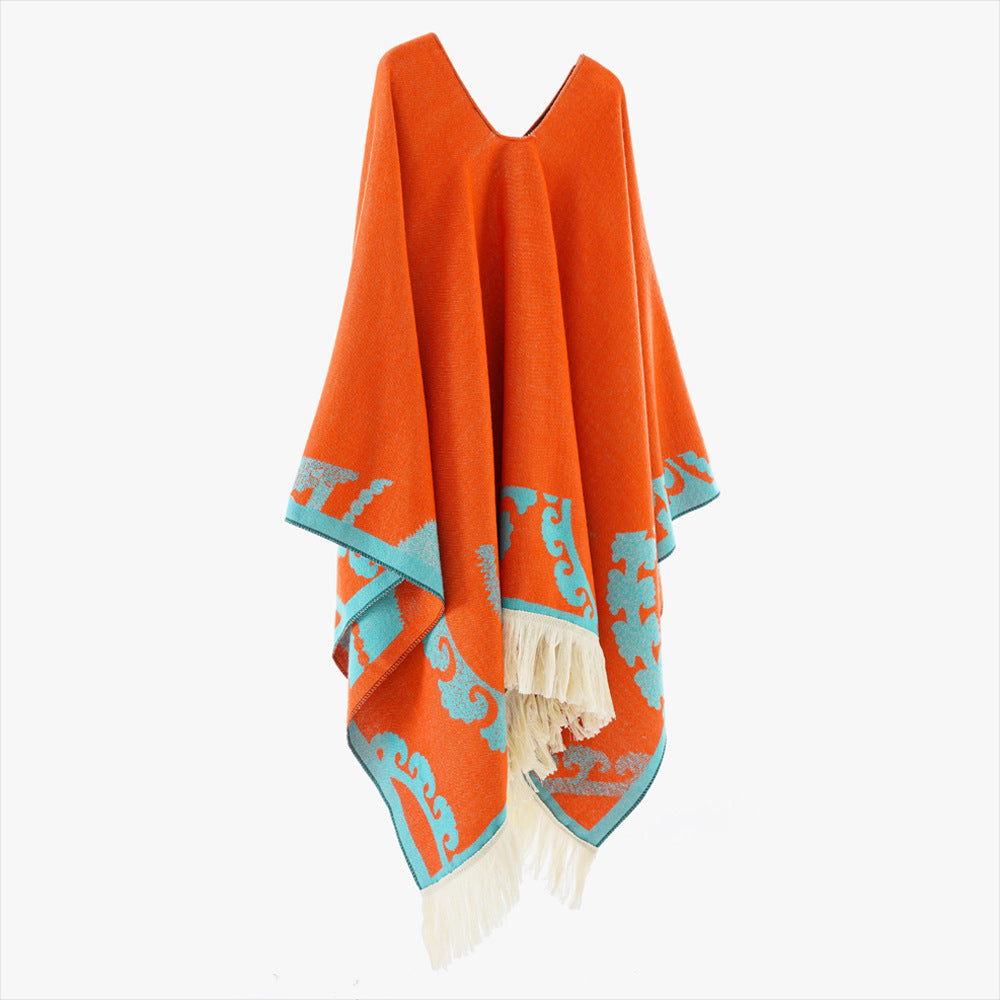 Damen Wollmix-Medallionponcho mit V-Ausschnitt und Fransensaum Shop Nory