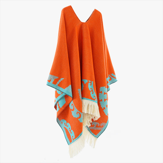 Damen Wollmix-Medallionponcho mit V-Ausschnitt und Fransensaum Shop Nory