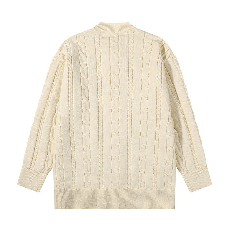 Unisex Übergroße Zopfmuster-Strickjacke mit Knopfleiste und Rundhalsausschnitt Shop Nory