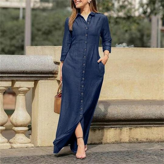 Damen Maxikleid Hemdblusenkleid mit Knopfleiste und Seitentaschen Shop Nory