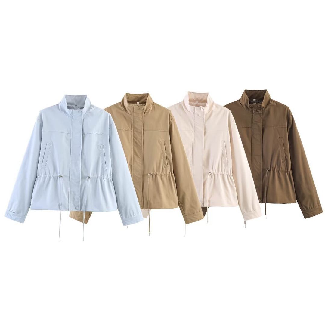 Damen Leichte Windbreaker-Übergangsjacke mit Tunnelzugtaillierung und Stehkragen Shop Nory